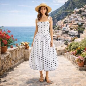 565. TULIPS CREATIONS polka dot Bubble hem  midi dress in White/black NWT